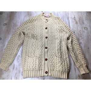 Vintage Irish Sea Coast Cream Pure Wool Aran Knit Button Cardigan Sweater